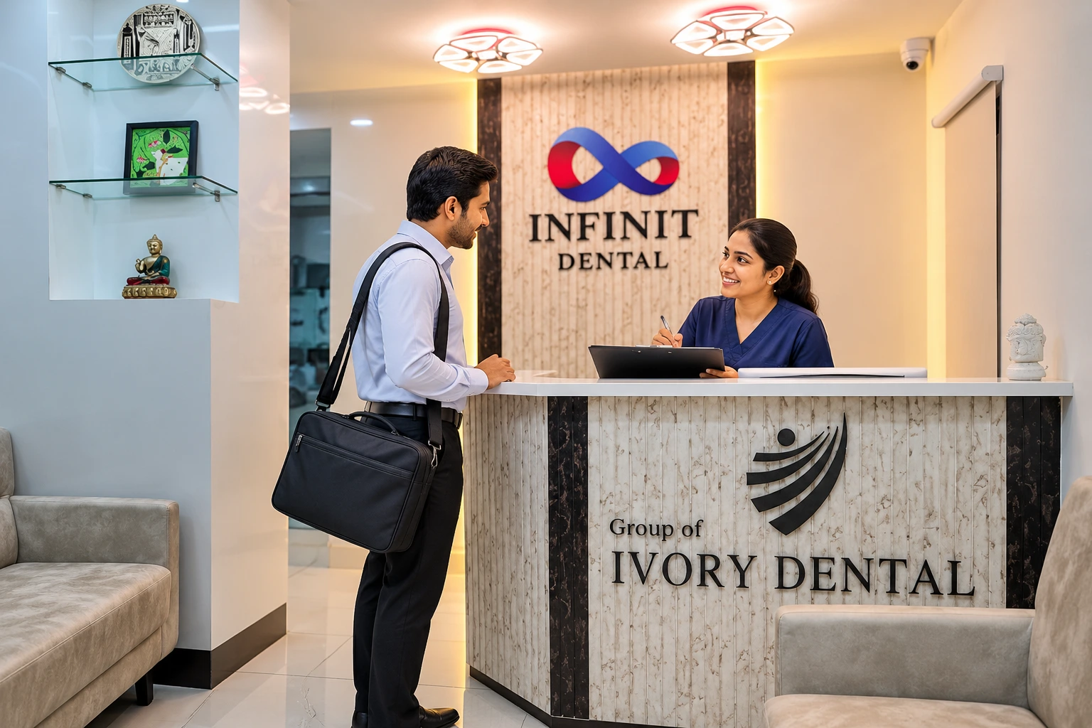 Working professional with a laptop bag attending a dental consultation at a clinic reception